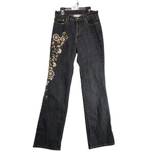 Denim 24/7 Gold Embellished Jeans Women's 12T 27x32" Black Stretch Straight Wide